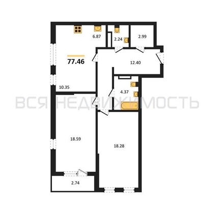 2-комнатная квартира, 77.46кв.м - изображение