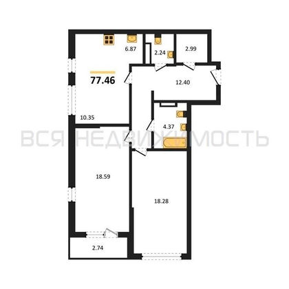 2-комнатная квартира, 77.46кв.м - изображение