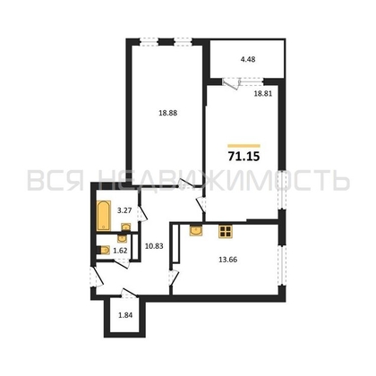 2-комнатная квартира, 71.15кв.м - изображение