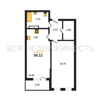 1-комнатная квартира, 56.11кв.м - изображение