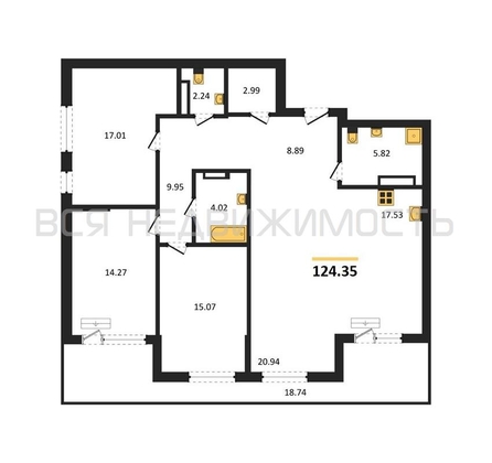 3-комнатная квартира, 124.35кв.м - изображение