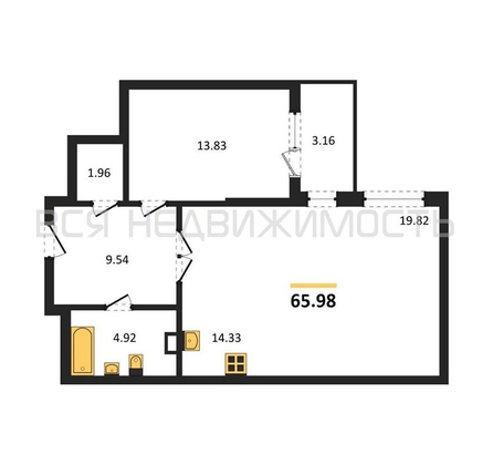 1-комнатная квартира, 65.98кв.м - изображение