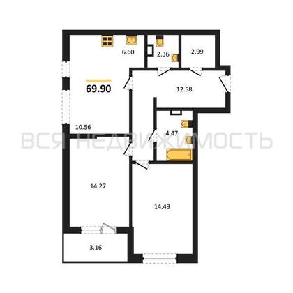 2-комнатная квартира, 69.9кв.м - изображение