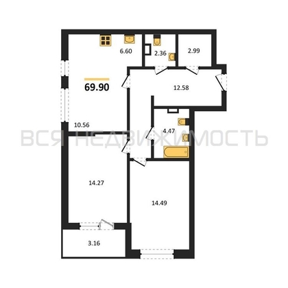 2-комнатная квартира, 69.9кв.м - изображение