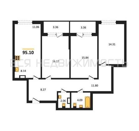 3-комнатная квартира, 95.1кв.м - изображение
