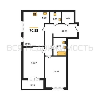 2-комнатная квартира, 70.58кв.м - изображение