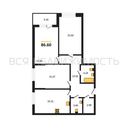 3-комнатная квартира, 86.6кв.м - изображение