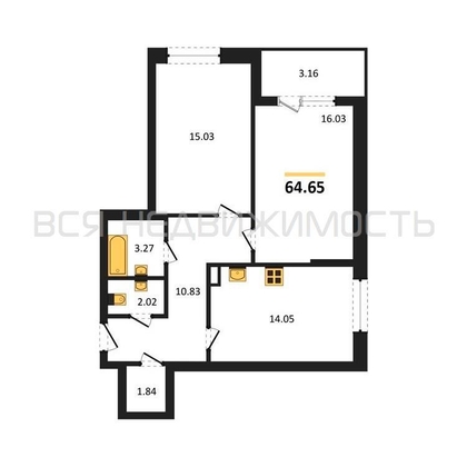 2-комнатная квартира, 64.65кв.м - изображение