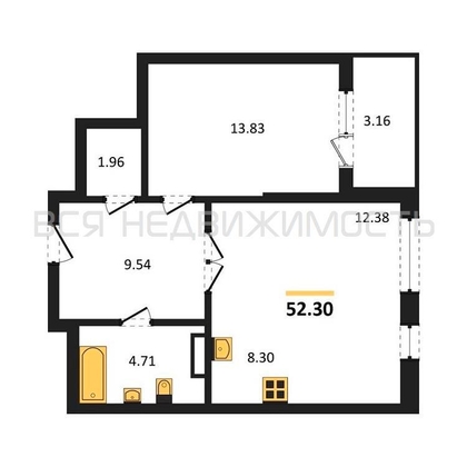 1-комнатная квартира, 52.3кв.м - изображение