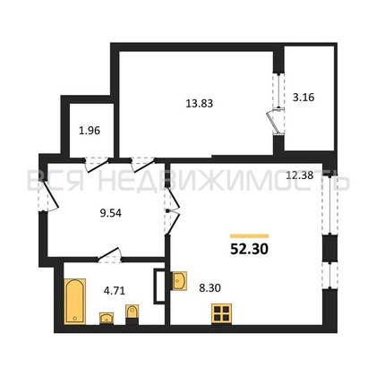 1-комнатная квартира, 52.3кв.м - изображение