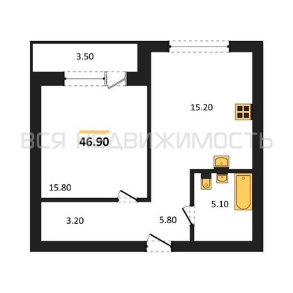 1-комнатная квартира, 46.9кв.м - изображение