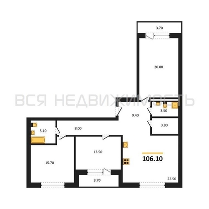 3-комнатная квартира, 106.1кв.м - изображение