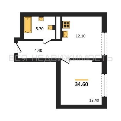 1-комнатная квартира, 34.6кв.м - изображение