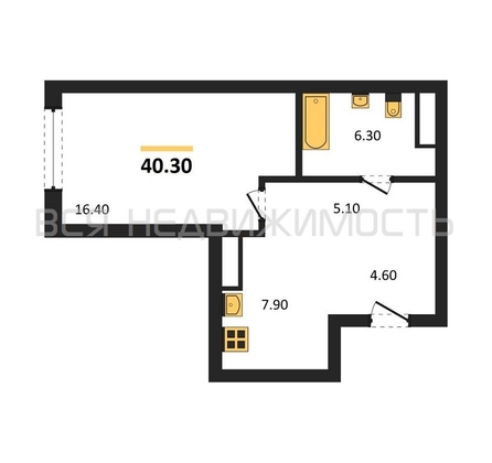 1-комнатная квартира, 40.3кв.м - изображение