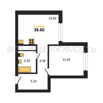 1-комнатная квартира, 38.6кв.м - изображение