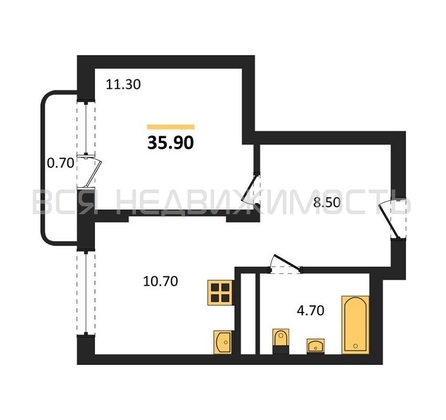 1-комнатная квартира, 35.9кв.м - изображение