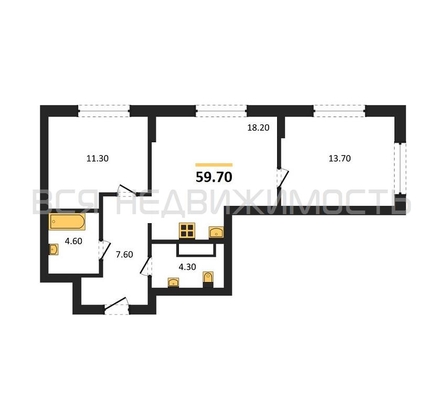 3-комнатная квартира, 59.7кв.м - изображение
