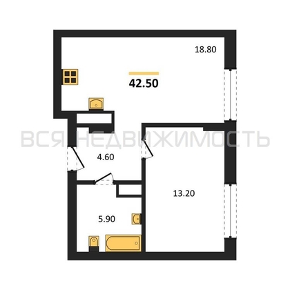 1-комнатная квартира, 42.5кв.м - изображение