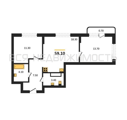 2-комнатная квартира, 59.1кв.м - изображение