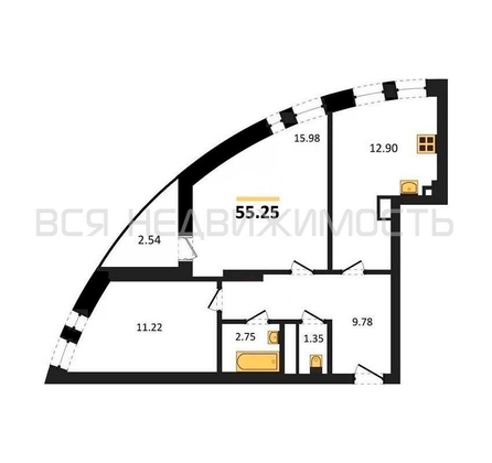 2-комнатная квартира, 55.25кв.м - изображение