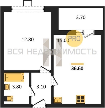 1-комнатная квартира, 36.6кв.м - изображение