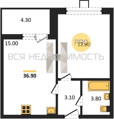 1-комнатная квартира, 36.9кв.м - изображение