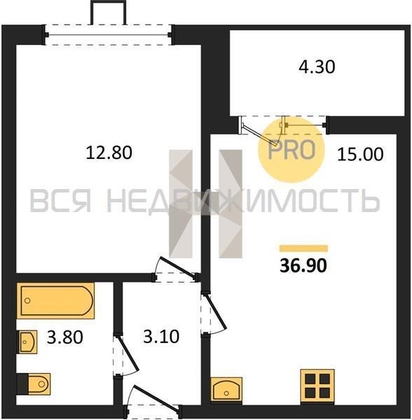 1-комнатная квартира, 36.9кв.м - изображение