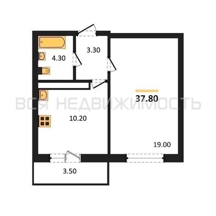 1-комнатная квартира, 37.8кв.м - изображение