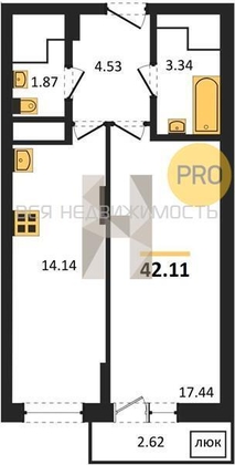 1-комнатная квартира, 42.11кв.м - изображение