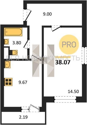 1-комнатная квартира, 38.07кв.м - изображение