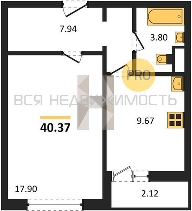 1-комнатная квартира, 40.37кв.м - изображение