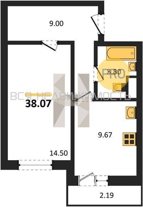 1-комнатная квартира, 38.07кв.м - изображение