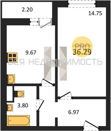 1-комнатная квартира, 36.29кв.м - изображение
