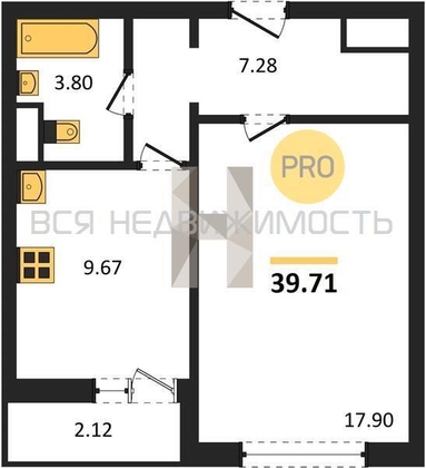 1-комнатная квартира, 39.71кв.м - изображение