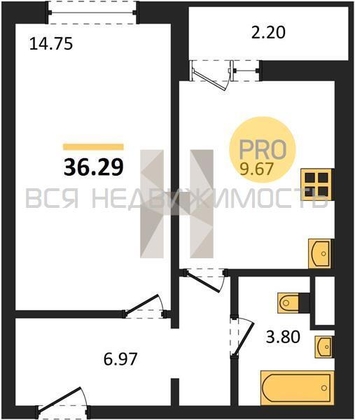 1-комнатная квартира, 36.29кв.м - изображение