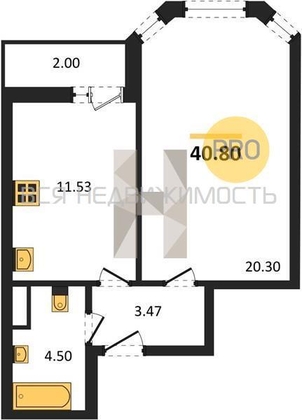 1-комнатная квартира, 40.8кв.м - изображение