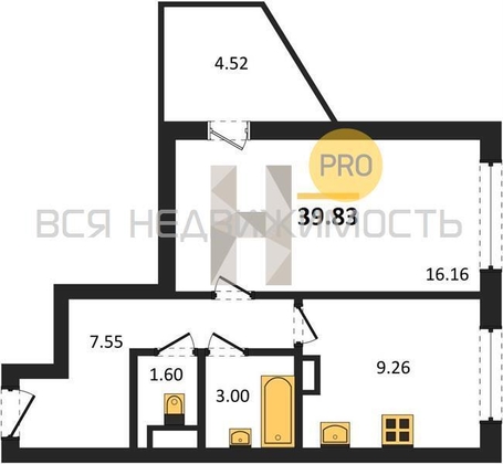1-комнатная квартира, 39.83кв.м - изображение