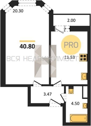 1-комнатная квартира, 40.8кв.м - изображение