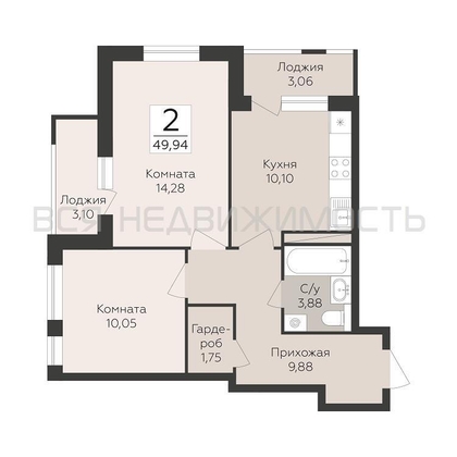 2-комнатная квартира, 53.02кв.м - изображение