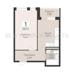 1-комнатная квартира, 38.02кв.м - изображение 1