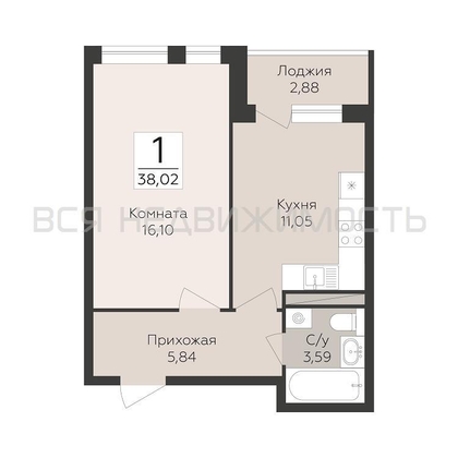 1-комнатная квартира, 38.02кв.м - изображение