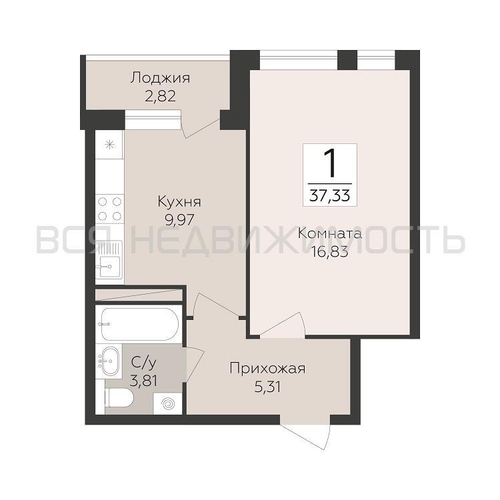 1-комнатная квартира, 37.33кв.м - изображение 0