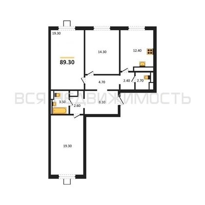 3-комнатная квартира, 89.3кв.м - изображение
