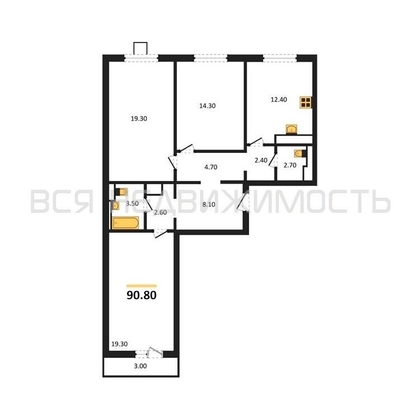 3-комнатная квартира, 90.8кв.м - изображение