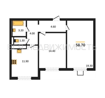 2-комнатная квартира, 58.7кв.м - изображение
