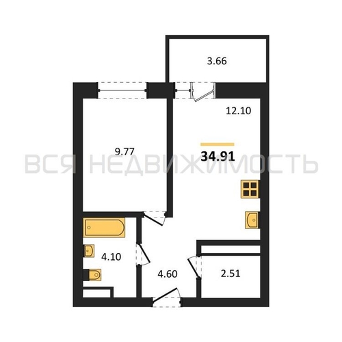 1-комнатная квартира, 34.91кв.м - изображение 0