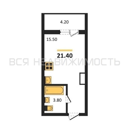 квартира-студия, 21,4кв.м. - изображение