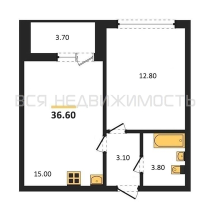 1-комнатная квартира, 36.6кв.м - изображение