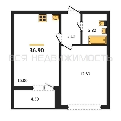1-комнатная квартира, 36.9кв.м - изображение
