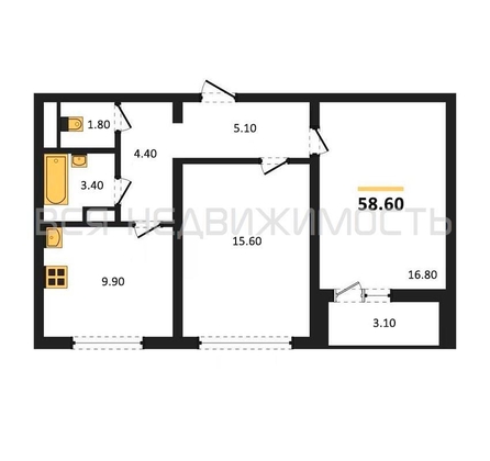 2-комнатная квартира, 58.6кв.м - изображение